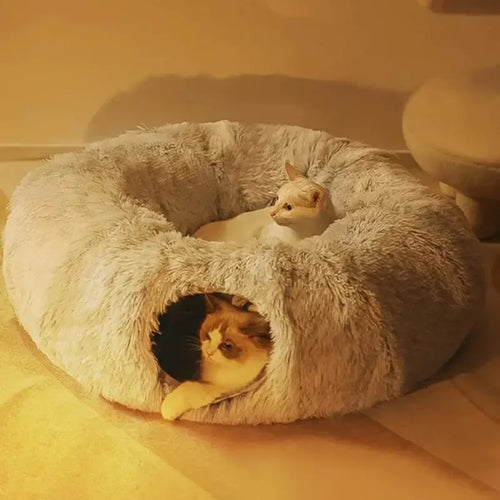 Plush Cat Bed with Tunnel for Indoor Cats Multifunctional Cat Tunnel Bed with Peephole  Fluffy Donut Cat Bed with Tunnel